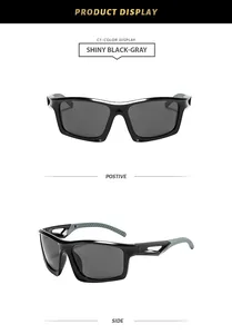 Vista detallada de gafas de sol de ciclismo en negro brillante y gris de frente y de lado.
