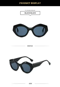 Detaillierte Front- und Seitenansichten einer schwarzen Polygon-Sonnenbrille mit dunklen Gläsern
