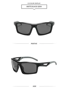 Vistas detalladas frontal y lateral de gafas de sol deportivas negro mate y gris