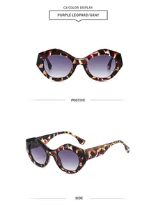 Detailansichten vorne und seitlich der stilvollen lila Leoparden-Polygon-Sonnenbrille mit UV-Schutz