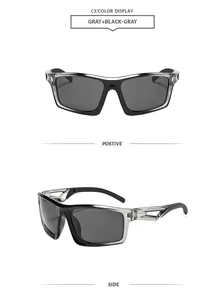 Vistas detalladas frontal y lateral de gafas de sol deportivas con montura gris y negra.