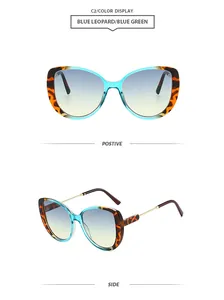 Detail view of stylish blue leopard cat-eye sunglasses featuring blue gradient lenses