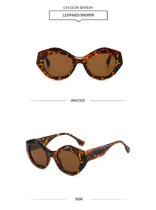 Geometrische Sonnenbrille mit Leopardenmuster und braunen Gläsern, Vorder- und Seitenansicht