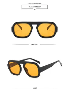 Retro aviator sunglasses with black frames and orange lenses in front and side views.