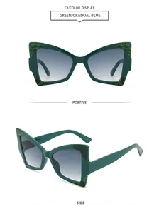 Occhiali da sole a farfalla moderni con montatura verde e lenti sfumate blu intensi