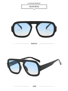 Black aviator sunglasses with blue gradient lenses shown from front and side views