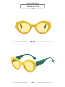 Front- und Seitenansicht der gelben polygonalen Sonnenbrille mit grünen Bügeln.