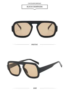 Front and side views of retro pilot sunglasses with black frame and champagne lenses.