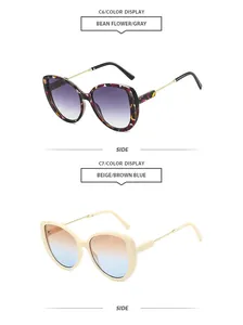 Detail view of fashion large frame sunglasses in tortoise pattern and beige frame colors.