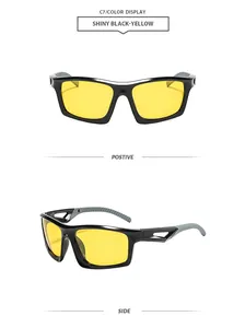 Detalles de vista frontal y lateral de gafas de sol de ciclismo negras con lentes amarillas