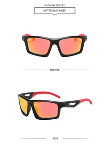 Vistas frontal y lateral de gafas de sol deportivas negro mate con lentes rojas