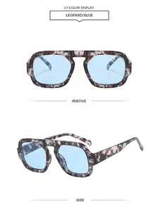 Detailed view of retro aviator sunglasses with leopard print frame and blue lenses