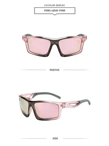 Vistas frontal y lateral de gafas de sol de ciclismo rosa y gris de moda