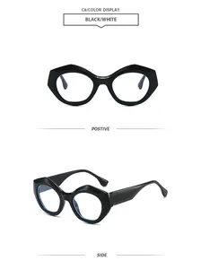 Detailansicht der schwarzen polygonalen Mode-Sonnenbrille aus Front- und Seitenwinkel.