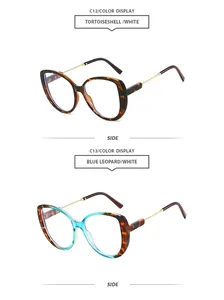 Detailed side view showing tortoiseshell and blue leopard patterned eyeglass frames