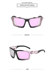 Vistas detalladas de gafas de sol deportivas de color púrpura y negro desde dos ángulos.