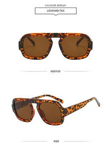 Detailed side and front view of retro leopard print pilot sunglasses with tea lenses