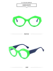 Stylische grüne polygonale Sonnenbrille mit blauen Bügeln in Vorder- und Seitenansicht