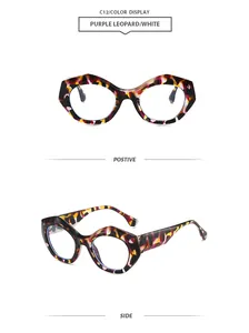 Vorder- und Seitenansicht einer stilvollen lila Leoparden-Sonnenbrille in geometrischem Design.