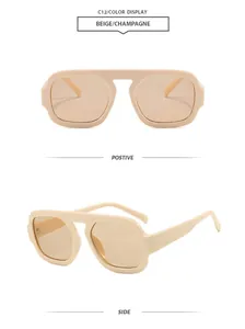 Front and side angles of fashionable retro beige aviator sunglasses with champagne tint