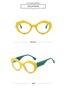 Detailansichten einer gelben polygonalen Sonnenbrille mit grünen Bügeln und Gläsern.