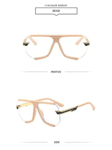 Voor- en zijaanzicht van stijlvolle beige halfrand zonnebril met gouden accenten