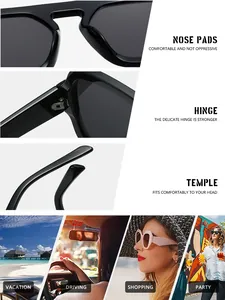 Detail views of retro pilot sunglasses showing hinge, nose pads, and temple