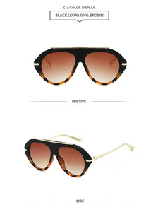 Front and side views of black leopard aviator sunglasses with gradient brown lenses.