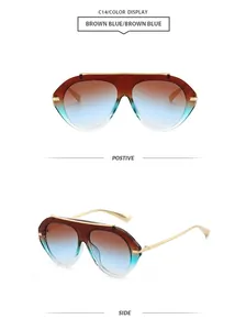 Front and side views of stylish aviator sunglasses with brown-blue gradient lenses.