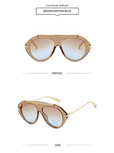 Front and side views of stylish pilot sunglasses with brown blue gradient lenses