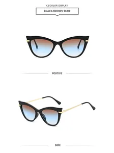 Vue de face et de côté de lunettes de soleil œil de chat oversize avec branches dorées