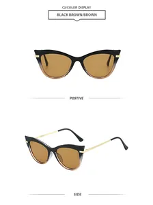 Vues détaillées de lunettes de soleil œil-de-chat avec monture dégradée et branches.