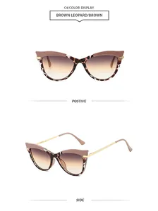 Vue détaillée des lunettes de soleil œil de chat léopard brun avec branches dorées