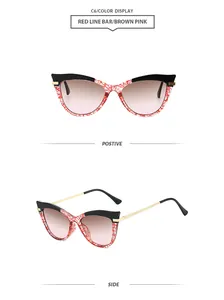 Lunettes de soleil œil de chat avec monture à lignes rouges en vues de face et de côté
