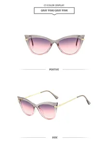 Vues de face et de côté de lunettes de soleil œil de chat à verres dégradés gris rose