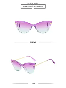 Vues détaillées de lunettes de soleil œil de chat avec verres dégradés violet bleu