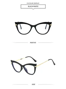Détails des vues de face et de côté des lunettes de soleil œil-de-chat à branches dorées