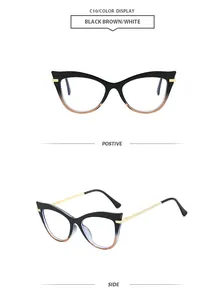 Vues de face et de côté de lunettes de soleil papillon noir et marron avec branches métal