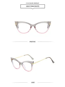 Vues de face et de côté de lunettes œil-de-chat gris rose tendance avec branches en métal.