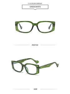 Eleganti occhiali con montatura quadrata a righe verdi, vista frontale e laterale completa