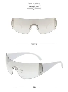 Vues de face et de côté des lunettes de soleil masque blanches Y2K sans monture, verres gris