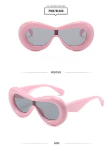 High-definition front and side views of pink oversized chunky bubble sunglasses