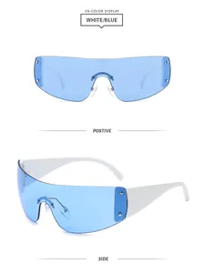 Détails des lunettes de soleil sport Y2K sans monture, verre bleu monobloc et monture blanche
