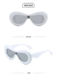 Close-up of avant-garde thick-frame white sunglasses showing front and side views