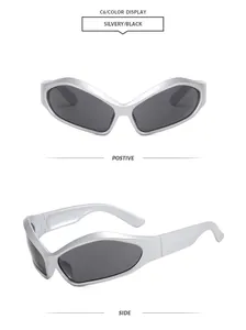 Occhiali da sole argento futuristici con viste frontali e laterali in stile tech.