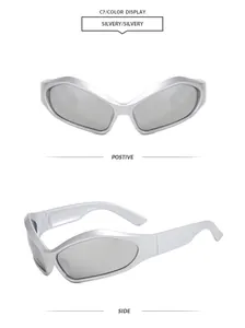 Occhiali da sole futuristici argento cat-eye in prospettiva frontale e laterale.