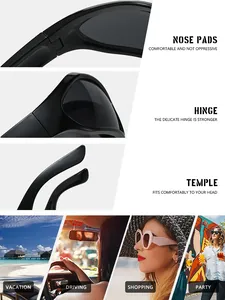 Dettagli di occhiali da sole futuristici con cerniere robuste e vari scenari di utilizzo.