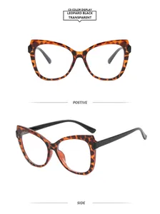 Detaillierte Vorder- und Seitenansicht der Cateye-Brille mit Leopardenmuster-Rahmen
