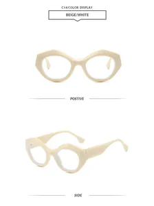 Vorder- und Seitenansicht der stilvollen beigen polygonalen Brille auf weißem Grund