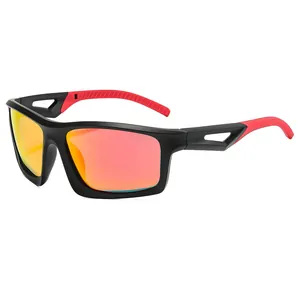 Gafas de sol deportivas con montura negra y lentes de espejo rojas para ciclismo